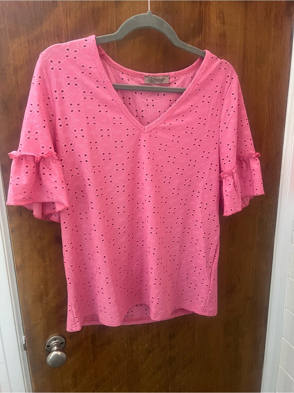 Pink Eyelet V-Neck Ruffle Sleeve Top